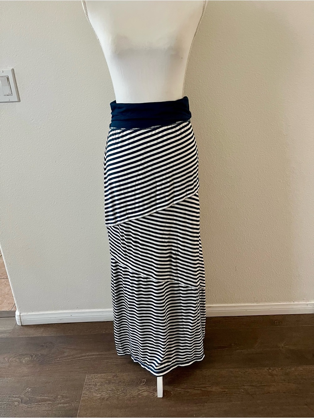 Max Studio Navy and White Striped Fold-Over Waist Maxi Skirt